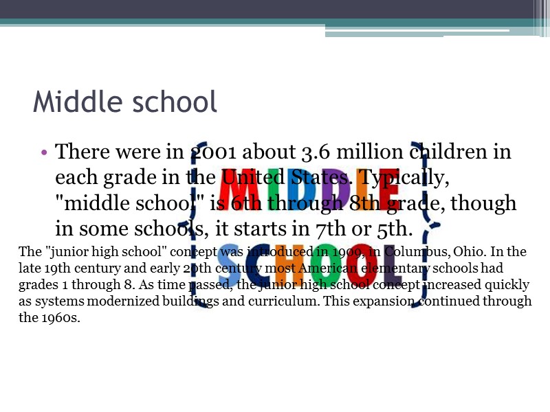 Middle school There were in 2001 about 3.6 million children in each grade in